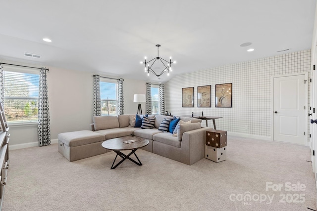 158 Nicholson Ln, Mooresville, NC 28115 - living room featuring wallpapered walls, carpet flooring, a chandelier, lofted ceiling, and recessed lighting
