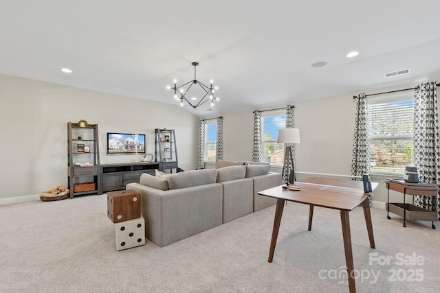 158 Nicholson Ln, Mooresville, NC 28115 - living room with light colored carpet, a chandelier, recessed lighting, and vaulted ceiling