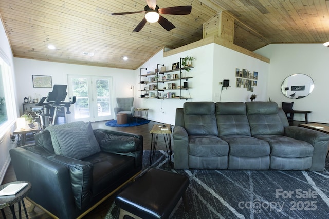 373 Fox Trace Dr, Sylva, NC 28779 - living room featuring vaulted ceiling, a ceiling fan, and wooden ceiling