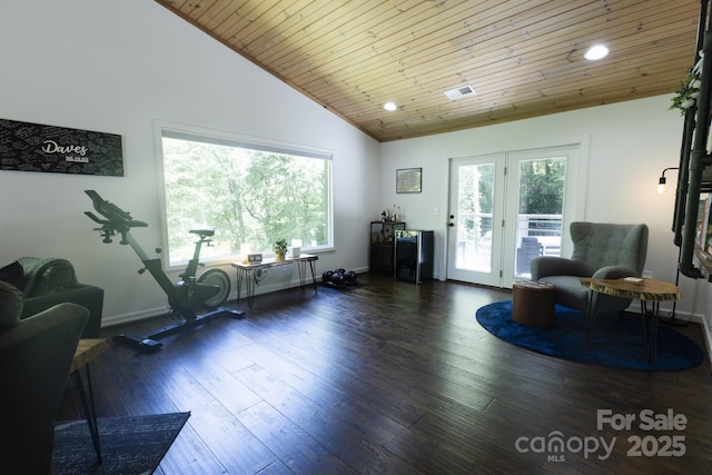 373 Fox Trace Dr, Sylva, NC 28779 - living area with wood-type flooring, wooden ceiling, and high vaulted ceiling