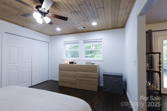 373 Fox Trace Dr, Sylva, NC 28779 - bedroom with dark wood-style floors, multiple windows, recessed lighting, wood ceiling, and a closet
