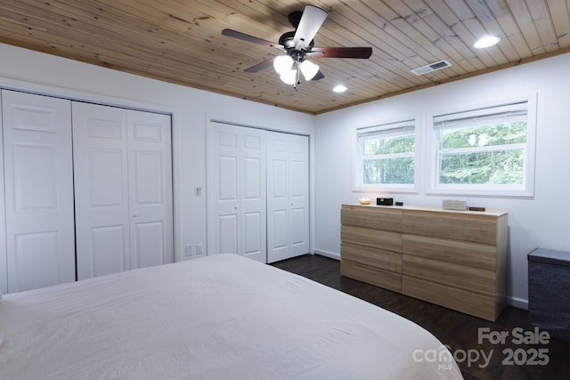 373 Fox Trace Dr, Sylva, NC 28779 - bedroom with multiple closets, dark wood-style floors, wood ceiling, recessed lighting, and ceiling fan