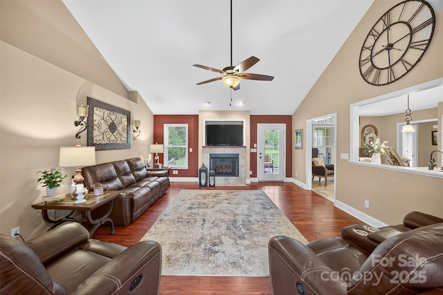 210 Cool Side Dr, Salisbury, NC 28146 - living room with ceiling fan, dark wood-type flooring, a fireplace, and high vaulted ceiling