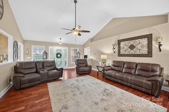 210 Cool Side Dr, Salisbury, NC 28146 - living area with a ceiling fan, dark wood-type flooring, and high vaulted ceiling