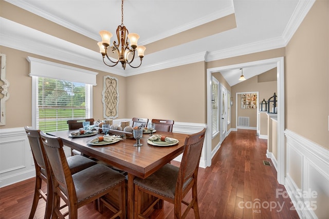 210 Cool Side Dr, Salisbury, NC 28146 - dining room featuring a chandelier, dark wood-style floors, wainscoting, and vaulted ceiling