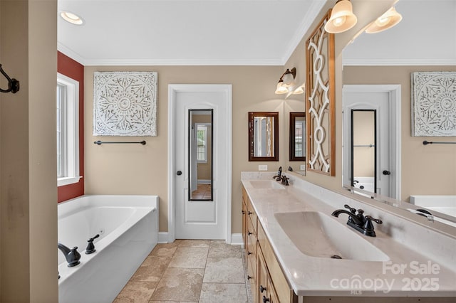 210 Cool Side Dr, Salisbury, NC 28146 - full bathroom with a garden tub, double vanity, and ornamental molding