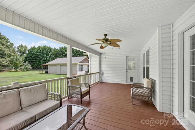 210 Cool Side Dr, Salisbury, NC 28146 - deck featuring an outdoor living space, ceiling fan, and an outbuilding