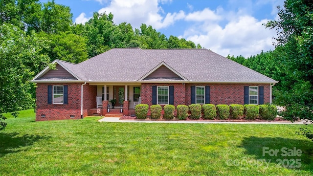 210 Cool Side Dr, Salisbury, NC 28146 - view of front of home with brick siding, crawl space, covered porch, a front yard, and roof with shingles