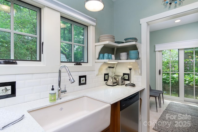 611 Hiawassee Rd, Black Mountain, NC 28711 - kitchen featuring dishwasher, decorative backsplash, light stone countertops, a fireplace, and open shelves