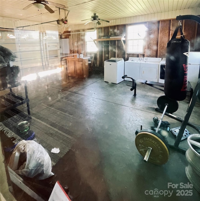 286 Little Wilkesboro Rd, Harmony, NC 28634 - garage featuring washing machine and clothes dryer, a ceiling fan, and wood ceiling