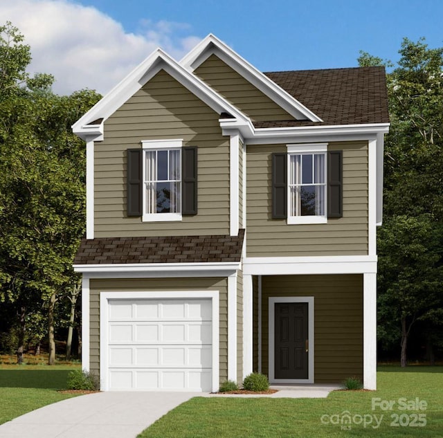 749 Lockhaven Dr NW, Concord, NC 28027 - view of front facade featuring a shingled roof, a garage, driveway, and a front yard