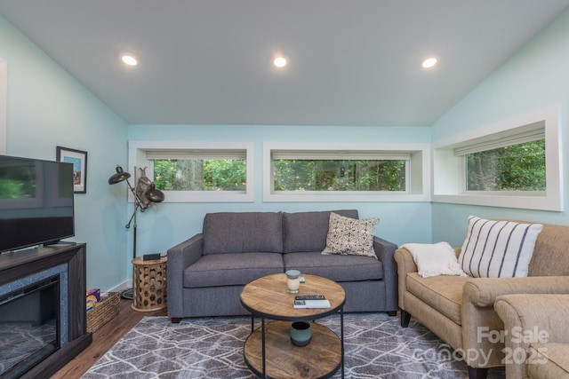 112 Byrd Rd, Black Mountain, NC 28711 - living area featuring lofted ceiling, dark wood-style flooring, and recessed lighting