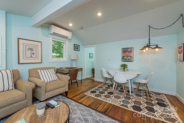 112 Byrd Rd, Black Mountain, NC 28711 - living room featuring an AC wall unit, wood finished floors, lofted ceiling, and recessed lighting