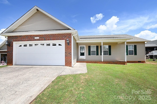 202 Pine Meadows St, Hickory, NC 28601 - view of front of house featuring driveway, a front yard, a garage, covered porch, and brick siding