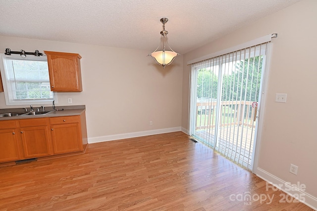 202 Pine Meadows St, Hickory, NC 28601 - kitchen with light wood-style floors, healthy amount of natural light, hanging light fixtures, a textured ceiling, and brown cabinetry
