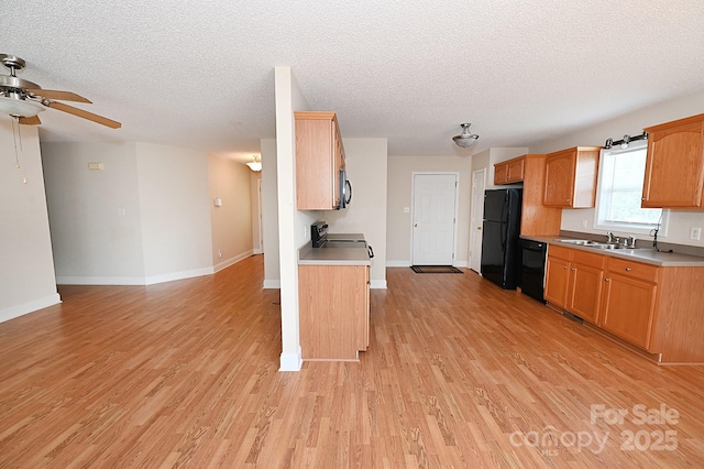 202 Pine Meadows St, Hickory, NC 28601 - kitchen featuring black appliances, a textured ceiling, a ceiling fan, light wood-type flooring, and light countertops