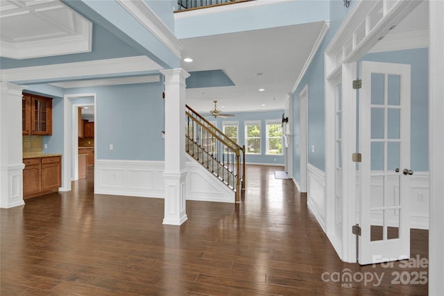 2805 Julian Glen Cir, Waxhaw, NC 28173 - entryway with a decorative wall, stairs, decorative columns, crown molding, and ceiling fan