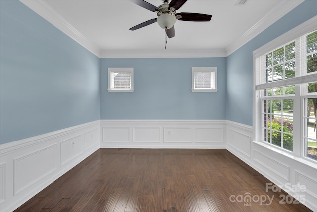 2805 Julian Glen Cir, Waxhaw, NC 28173 - unfurnished room featuring healthy amount of natural light, a ceiling fan, wainscoting, ornamental molding, and dark wood-style floors