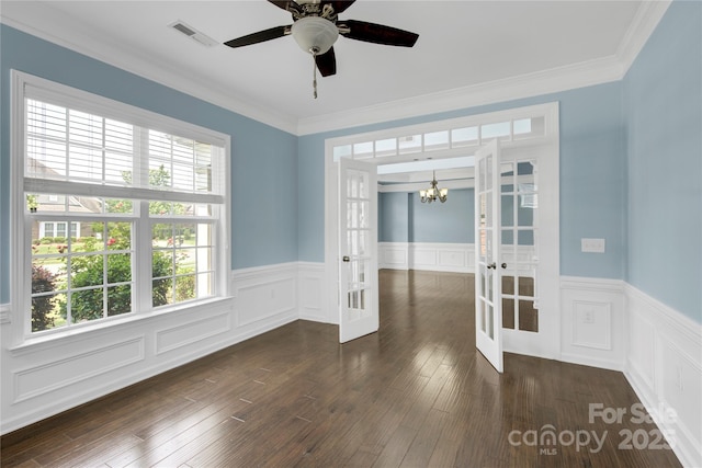 2805 Julian Glen Cir, Waxhaw, NC 28173 - spare room with french doors, a wainscoted wall, a chandelier, ornamental molding, and dark wood-type flooring