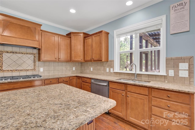 2805 Julian Glen Cir, Waxhaw, NC 28173 - kitchen featuring stainless steel appliances, wood finished floors, backsplash, crown molding, and light stone countertops