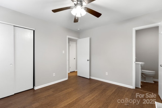 6101 Mcgregor Dr, Charlotte, NC 28227 - unfurnished bedroom featuring wood finished floors, ensuite bathroom, a closet, and a ceiling fan