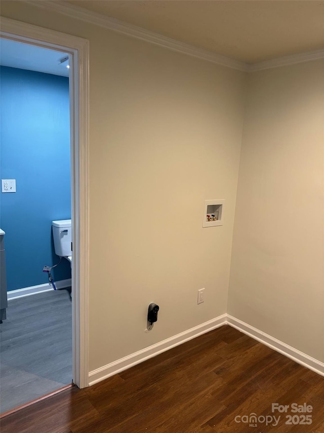114 Woodberry Dr, Cherryville, NC 28021 - laundry area with dark wood-type flooring, ornamental molding, and hookup for a washing machine