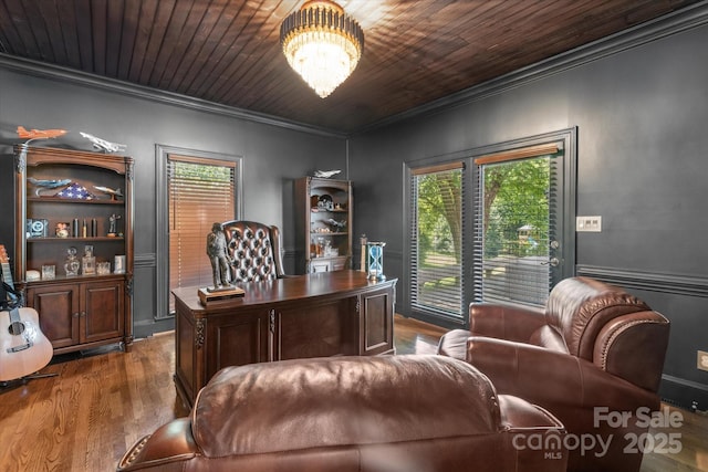 533 Valley Run Dr, Waxhaw, NC 28173 - office space featuring ornamental molding, dark wood-style floors, plenty of natural light, a chandelier, and wood ceiling