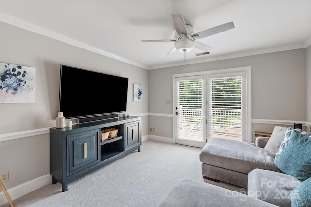533 Valley Run Dr, Waxhaw, NC 28173 - living room with crown molding, light colored carpet, and a ceiling fan
