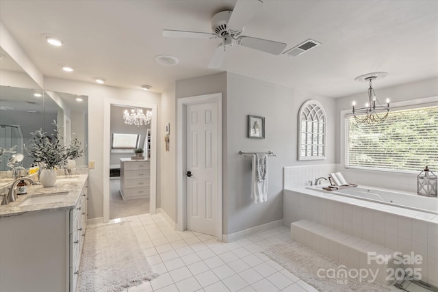 533 Valley Run Dr, Waxhaw, NC 28173 - bathroom featuring a chandelier, vanity, a garden tub, tile patterned flooring, and ceiling fan