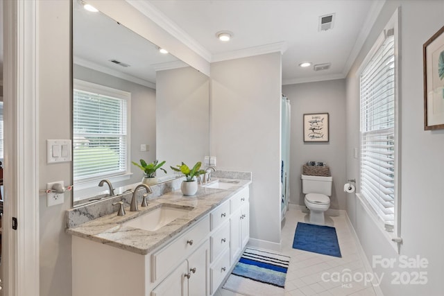 533 Valley Run Dr, Waxhaw, NC 28173 - full bath with double vanity, a shower with curtain, crown molding, tile patterned flooring, and recessed lighting