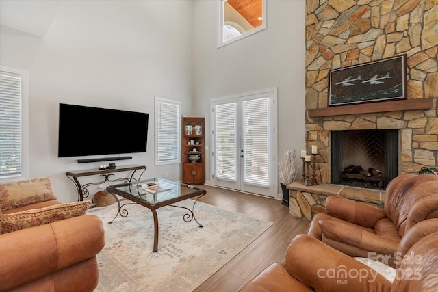 533 Valley Run Dr, Waxhaw, NC 28173 - living area with plenty of natural light, wood finished floors, a high ceiling, and a fireplace