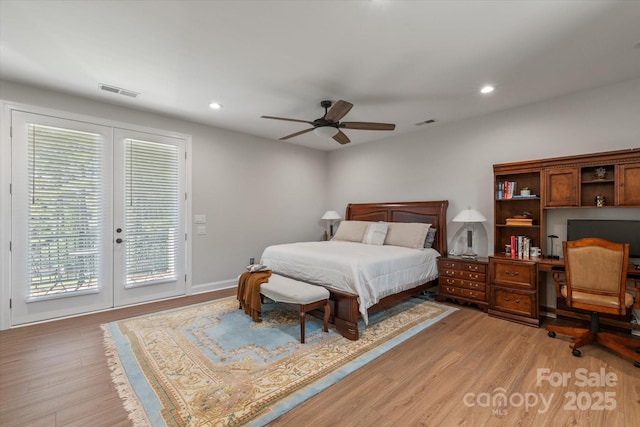 533 Valley Run Dr, Waxhaw, NC 28173 - bedroom with french doors, access to outside, light wood-style flooring, recessed lighting, and ceiling fan