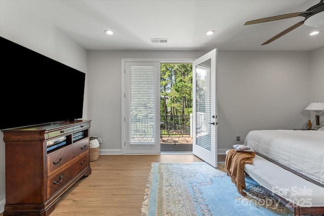 533 Valley Run Dr, Waxhaw, NC 28173 - bedroom with access to exterior, light wood-style flooring, a ceiling fan, and recessed lighting