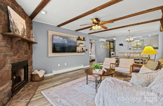 26 Pinetop Cir Unit B, Banner Elk, NC 28604 - living area featuring a baseboard heating unit, beam ceiling, a chandelier, wood finished floors, and an AC wall unit