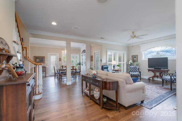 971 Blakeley Walk, Rock Hill, SC 29732 - living room featuring a ceiling fan, light wood-style flooring, ornamental molding, and recessed lighting