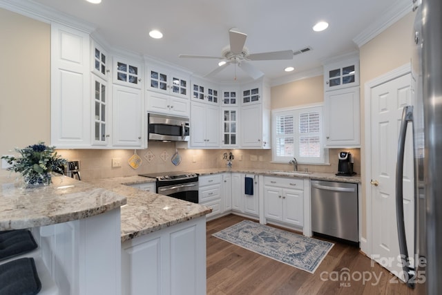 971 Blakeley Walk, Rock Hill, SC 29732 - kitchen with appliances with stainless steel finishes, a peninsula, white cabinets, ceiling fan, and crown molding