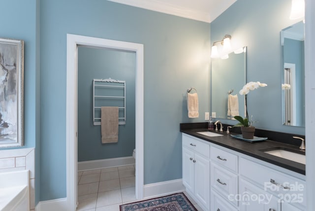 971 Blakeley Walk, Rock Hill, SC 29732 - bathroom featuring double vanity, crown molding, tile patterned floors, and a tub