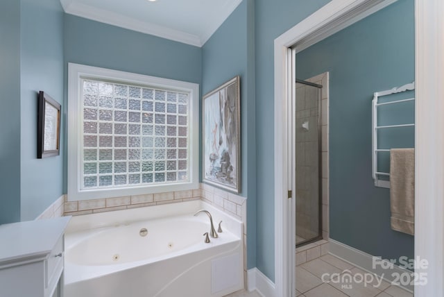 971 Blakeley Walk, Rock Hill, SC 29732 - full bathroom with a jetted tub, healthy amount of natural light, a stall shower, tile patterned floors, and crown molding