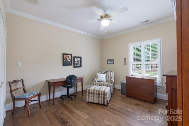 971 Blakeley Walk, Rock Hill, SC 29732 - living area featuring crown molding, wood finished floors, ceiling fan, and an office area