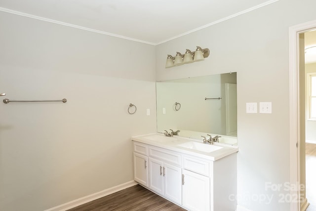 8079 Optimist Club Rd, Denver, NC 28037 - bathroom featuring double vanity, wood finished floors, and crown molding