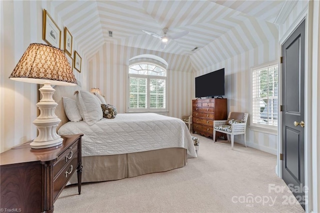 2990 Reynolds Sq, Winston Salem, NC 27106 - bedroom with wallpapered walls, multiple windows, light carpet, lofted ceiling, and ceiling fan