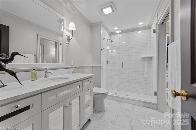 2990 Reynolds Sq, Winston Salem, NC 27106 - full bath featuring vanity, a stall shower, marble finish flooring, crown molding, and recessed lighting