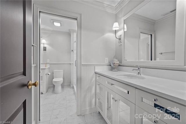 2990 Reynolds Sq, Winston Salem, NC 27106 - full bathroom featuring marble finish floors, vanity, wainscoting, a shower with shower door, and crown molding