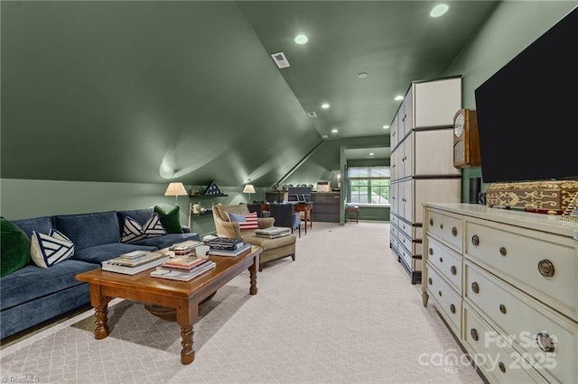 2990 Reynolds Sq, Winston Salem, NC 27106 - living room featuring lofted ceiling, recessed lighting, and light carpet