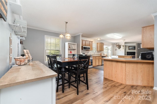 108 W Welsh St, Kershaw, SC 29067 - dining area featuring light wood-type flooring, crown molding, and a chandelier
