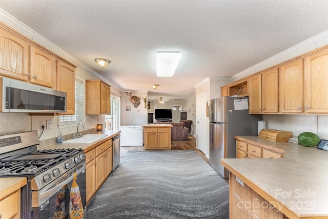 108 W Welsh St, Kershaw, SC 29067 - kitchen with appliances with stainless steel finishes, a textured ceiling, crown molding, light countertops, and a ceiling fan