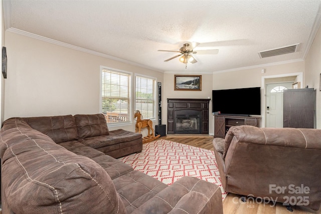 108 W Welsh St, Kershaw, SC 29067 - living area featuring wood finished floors, a textured ceiling, a ceiling fan, crown molding, and a fireplace