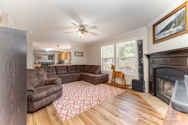 108 W Welsh St, Kershaw, SC 29067 - living area with ornamental molding, light wood-style floors, a fireplace with flush hearth, ceiling fan, and a textured ceiling