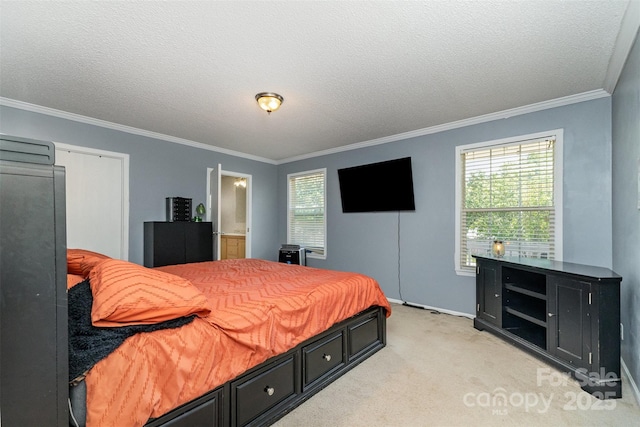 108 W Welsh St, Kershaw, SC 29067 - bedroom with ornamental molding, multiple windows, light colored carpet, a textured ceiling, and connected bathroom