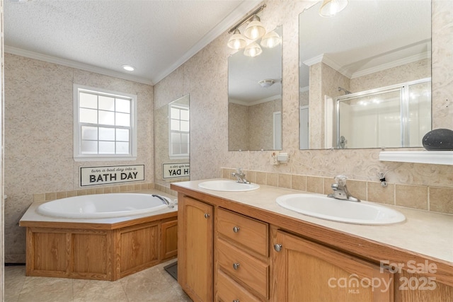 108 W Welsh St, Kershaw, SC 29067 - full bath with crown molding, a textured ceiling, a shower stall, double vanity, and a bath